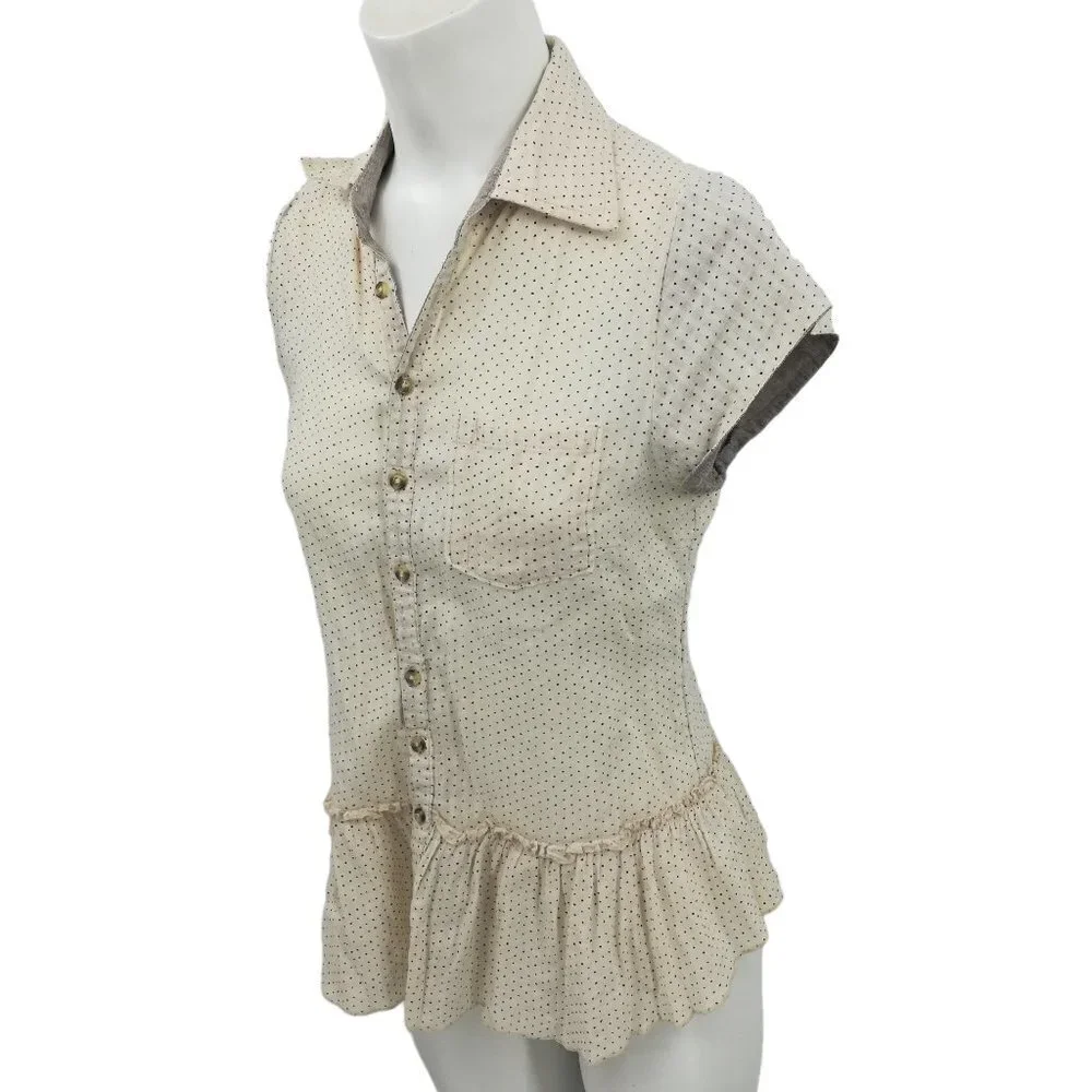 Free People Polka Dot Short Sleeve Ruffle Button Front Shirt Size XS Crochet